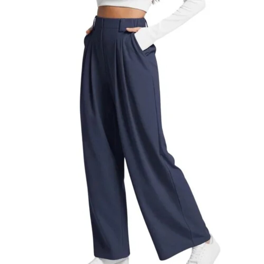 NEW HALARA Flex High Waist Plicated Waffle Knit Wide Leg Pants Large Petite Navy - Picture 12 of 12